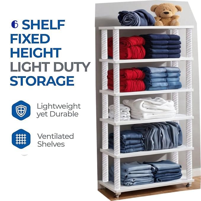 6-Tier White Plastic Shelving Unit with Wheels - NSF Certified
