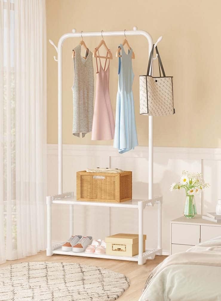 Metal Garment Stand/Clothes Stand with 2 Bottom Stylish Design Shelves Multipurpose Display Standing Rack Unit (White/145 x 35 x 54 cm)