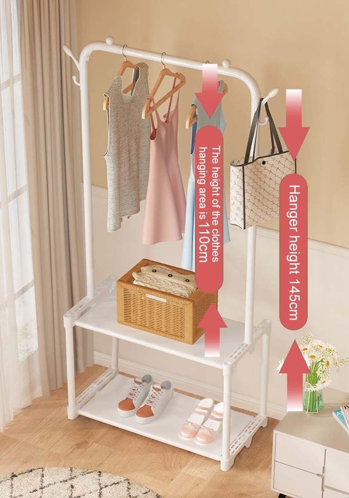 Metal Garment Stand/Clothes Stand with 2 Bottom Stylish Design Shelves Multipurpose Display Standing Rack Unit (White/145 x 35 x 54 cm)