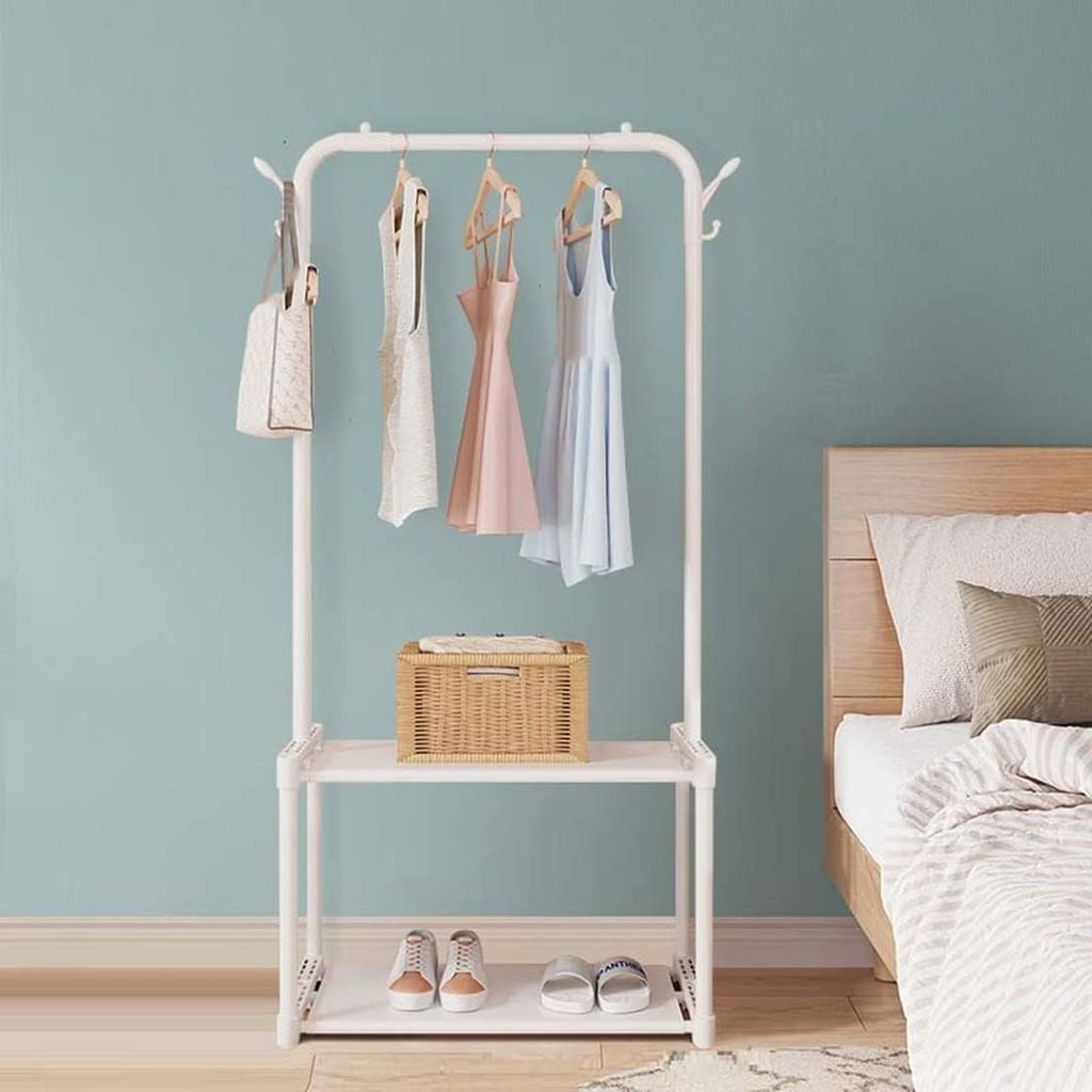 Metal Garment Stand/Clothes Stand with 2 Bottom Stylish Design Shelves Multipurpose Display Standing Rack Unit (White/145 x 35 x 54 cm)