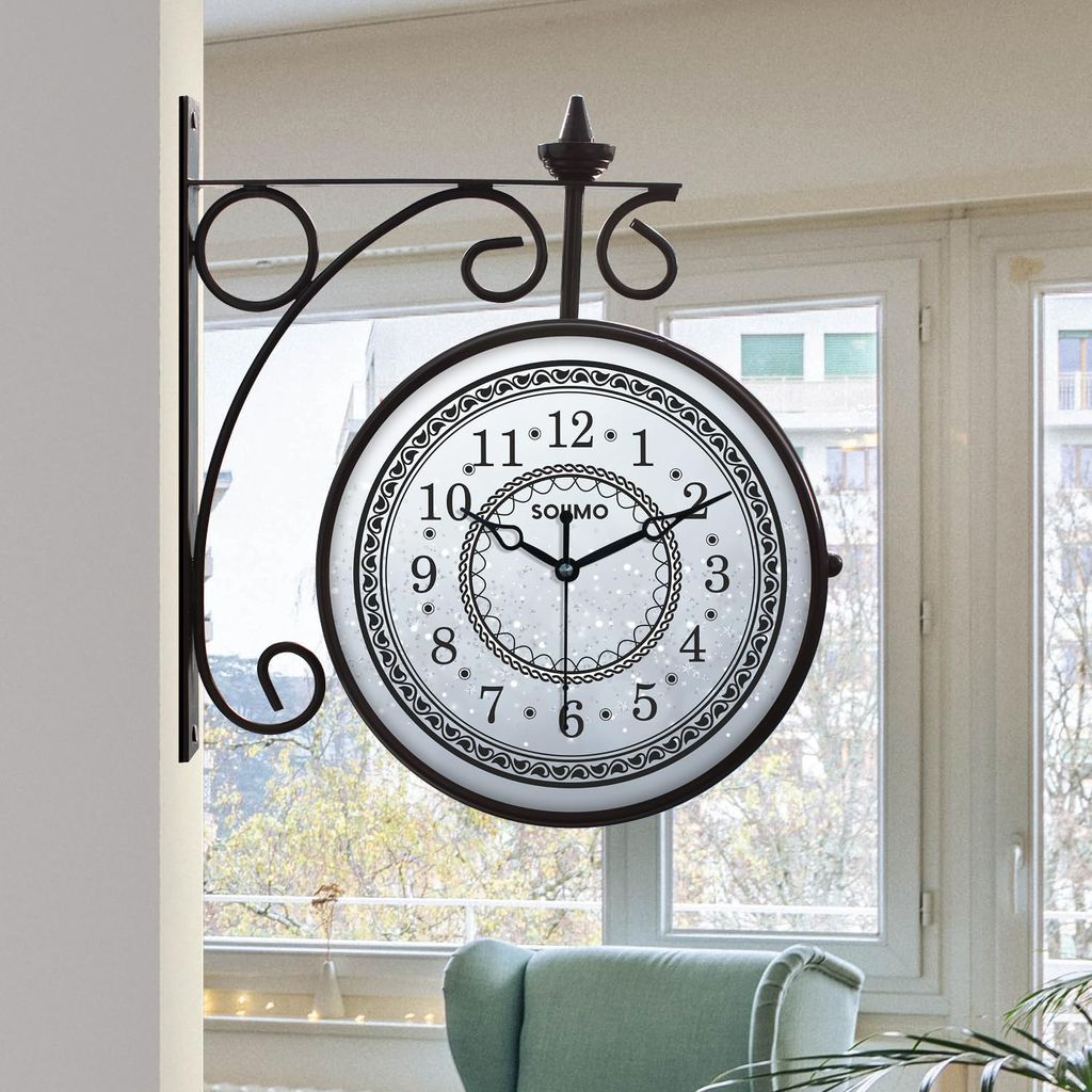 Solimo Double Sided Vintage Station Wall Clock, One Side Roman and Other Side Numeral Dial (8 inch, Black) Metal, Analogue