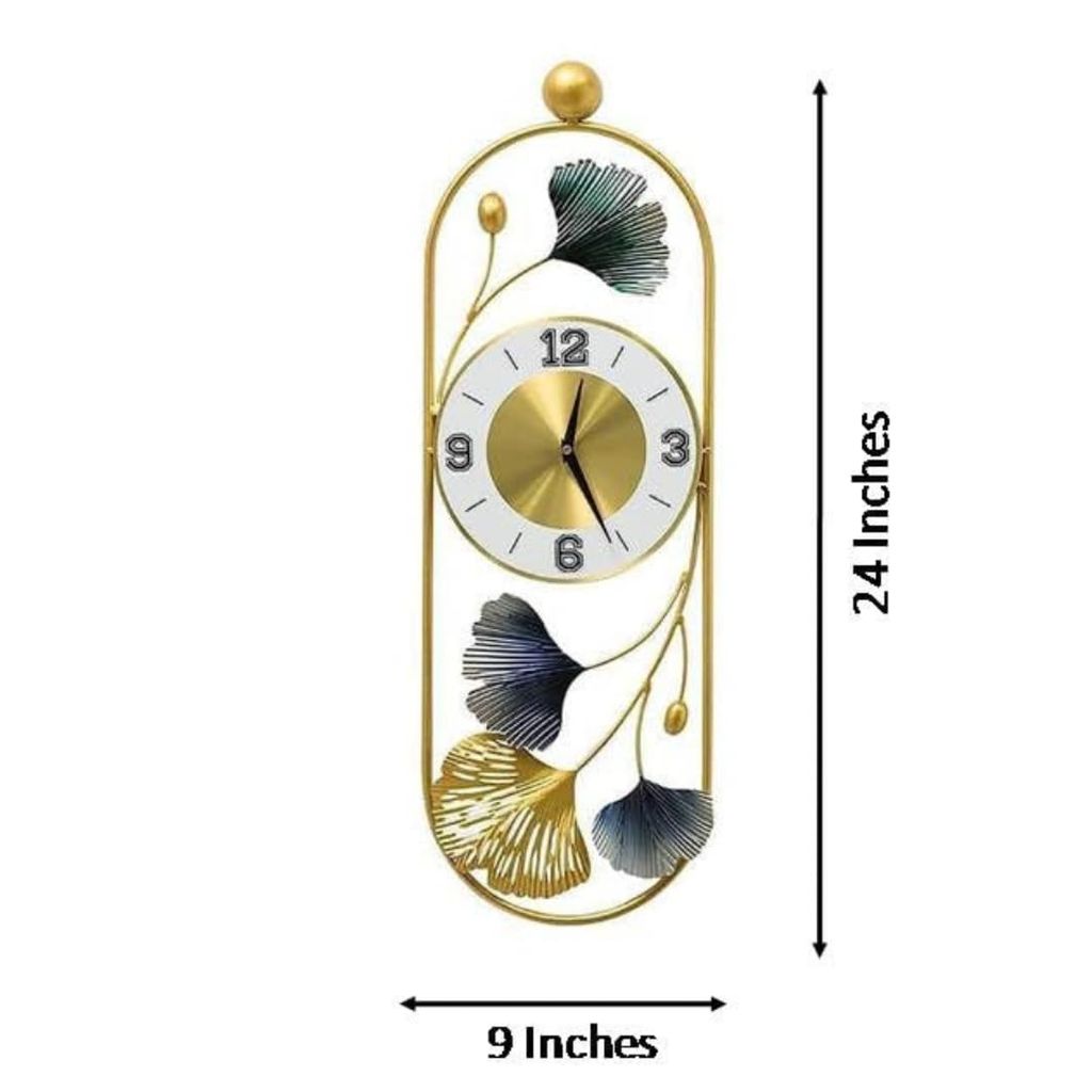 Gold Metal Wall Clock with Ginkgo Leaves