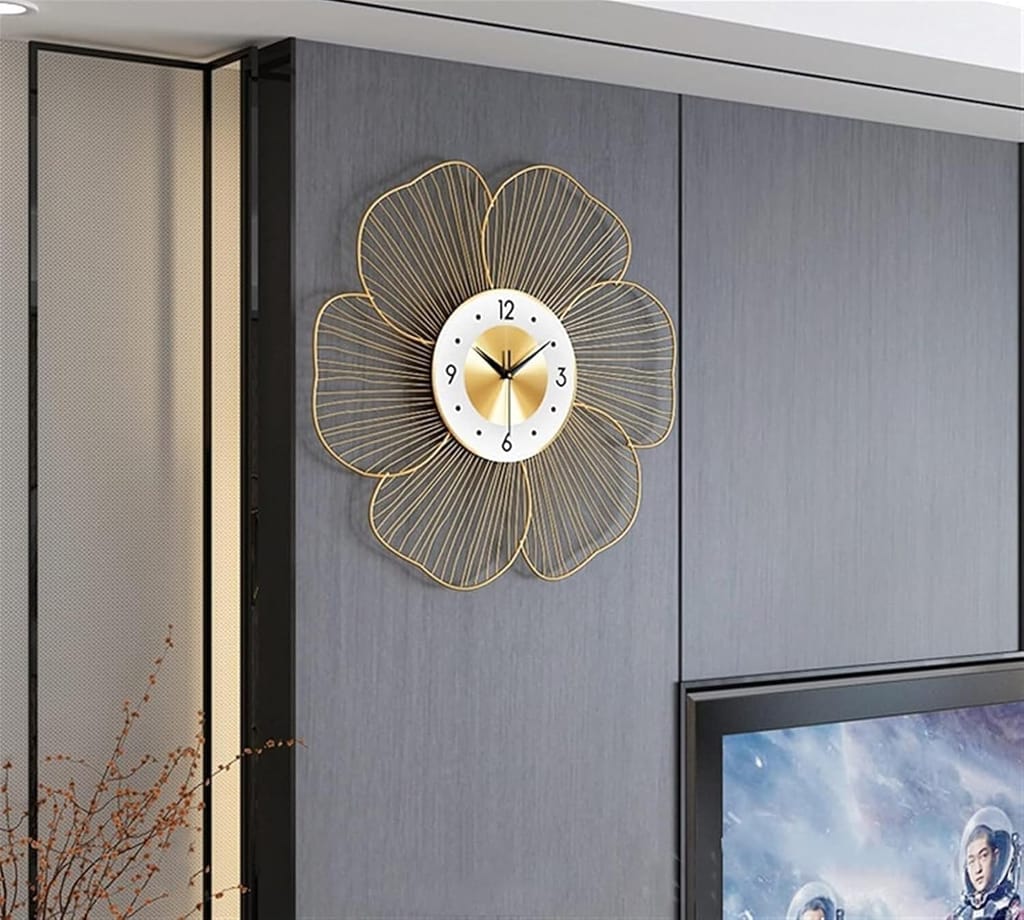  Gold Metal Flower Wall Clock, Modern Design, Home Decor