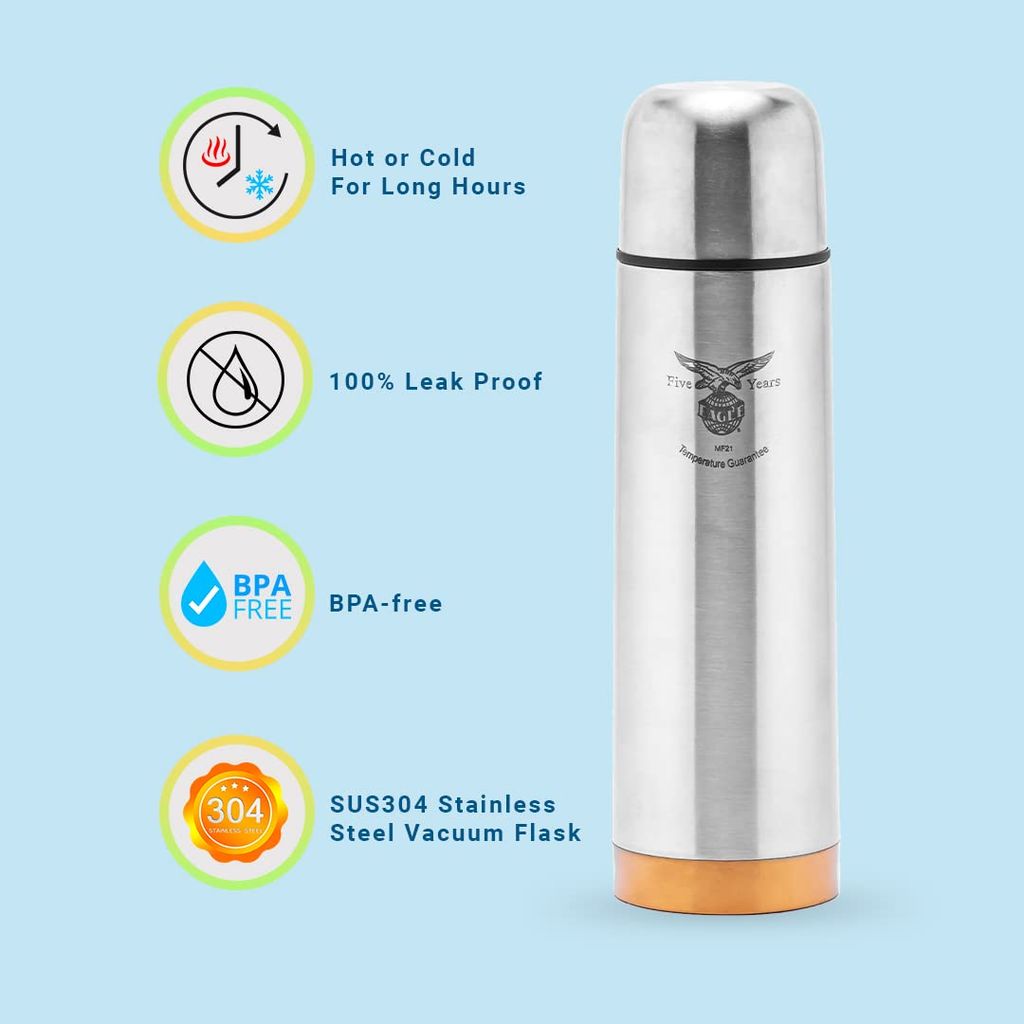 Eagle Gold Sleek Vacuum Flask with 5 Years Temperature Guarantee, Stainless Steel, Silver , 1L