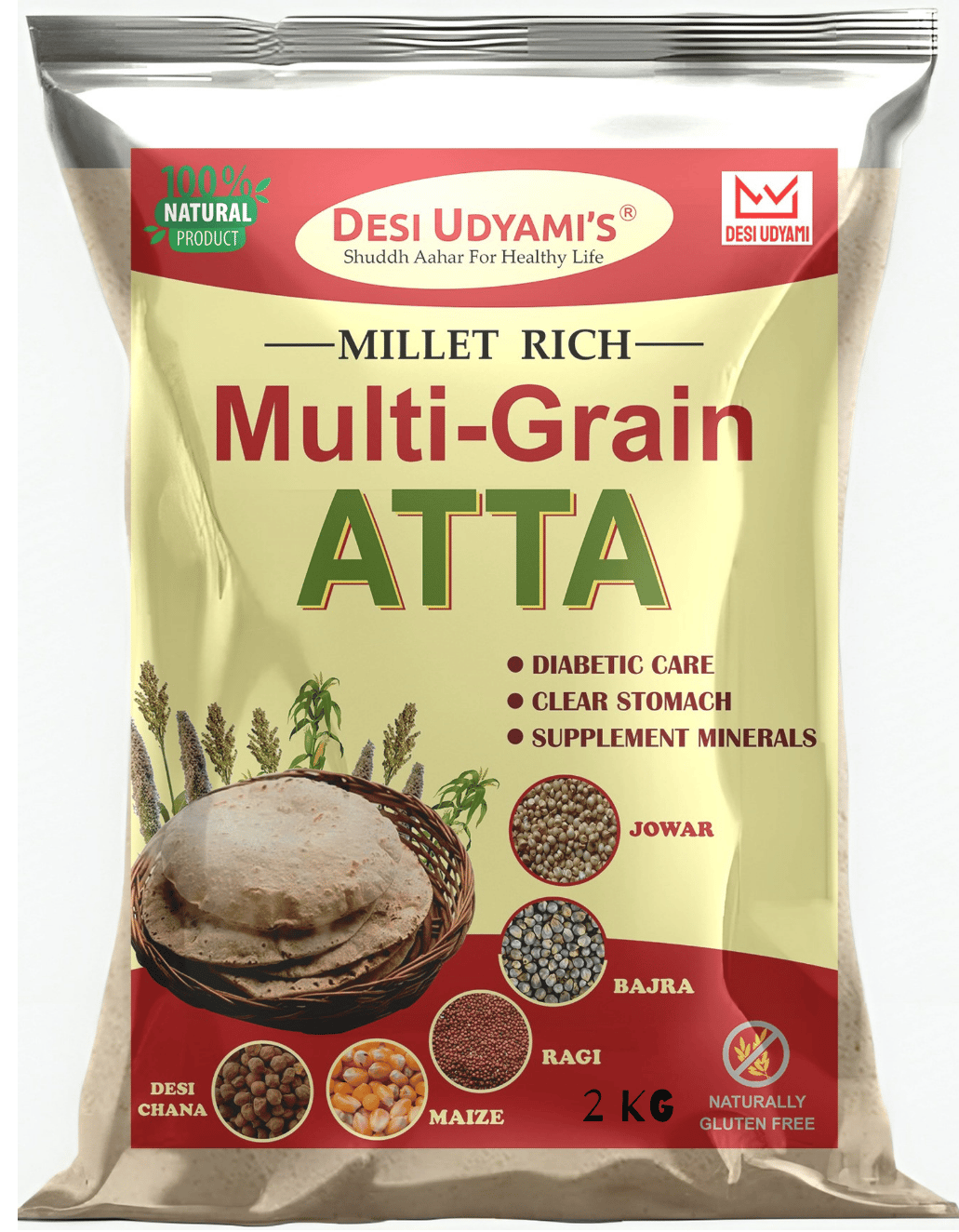Desi Udyami’s Premium Wheat-Free, Rice-Free, and Soya-Free Multigrain Atta – Perfect for Diabetes, Weight Loss, and Heart Health 2 Kg