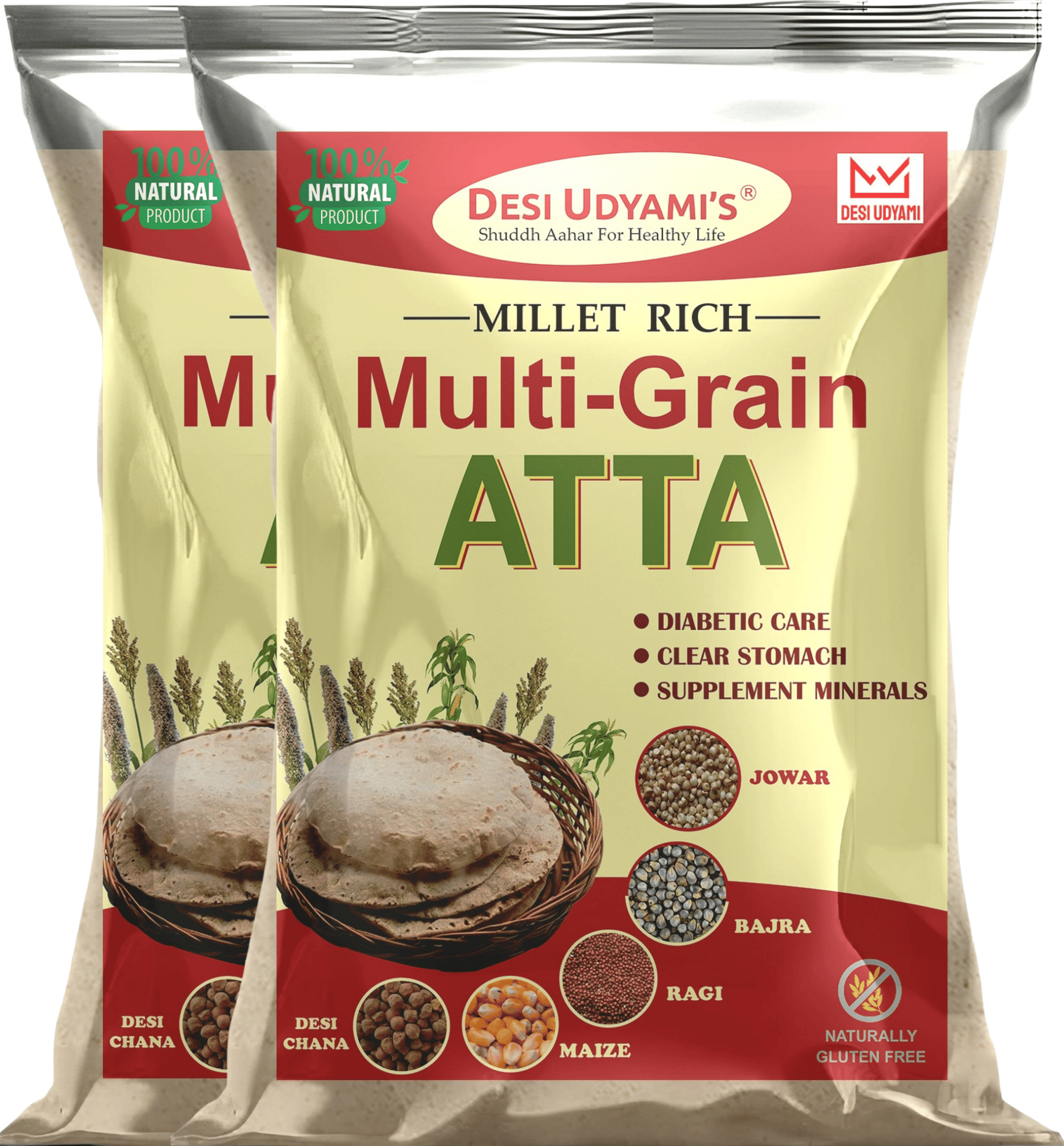 Desi Udyami’s Premium Wheat-Free, Rice-Free, and Soya-Free Multigrain Atta – Perfect for Diabetes, Weight Loss, and Heart Health, 4 Kg (pack of 5)