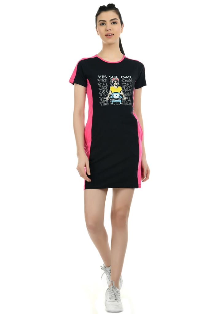 Hero Girl Women Colour blocked T-Shirt Dress with chest print