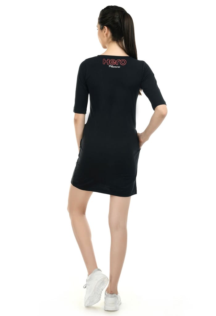 Hero Girl Women T-Shirt Dress with chest print and henley neck detail.