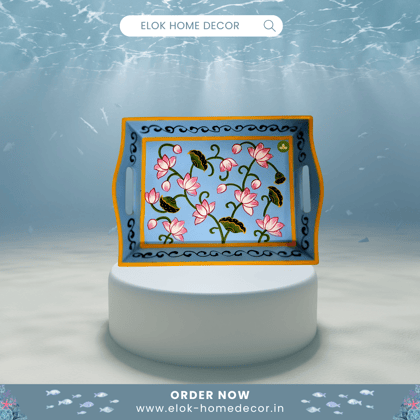 Hand painted pichwai art wooden sky blue color tray