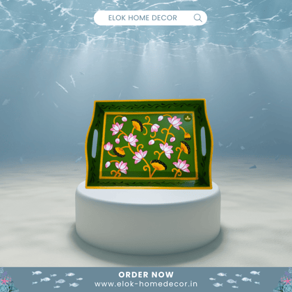 Hand painted pichwai art wooden green color tray