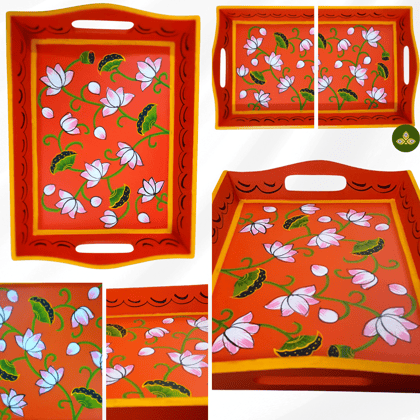Hand painted pichwai art wooden orange color tray