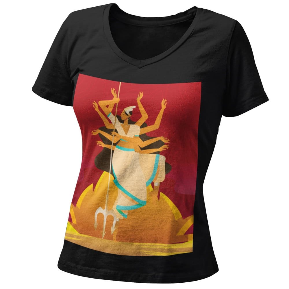 EqualLife Pure Cotton Bio-Washed T-Shirt Chest Printed-Goddess Durga - Retro Design-by ZingerTees-Women-EL9120122-F