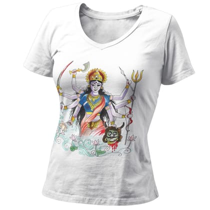 EqualLife Pure Cotton Bio-Washed T-Shirt Chest Printed-Goddess Durga - Water Color Design-by ZingerTees-Women-EL9120123-F