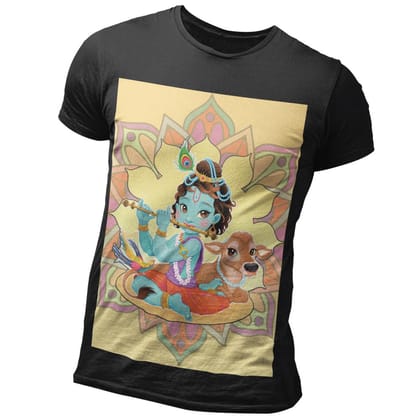 EqualLife Pure Cotton Bio-Washed T-Shirt Chest Printed-God - Baby Krishna - Mandala Art Design-by ZingerTees-Men-EL9120125-M