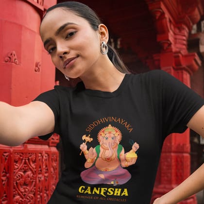 EqualLife Pure Cotton Bio-Washed T-Shirt Chest Printed-God - Ganesha -1 - Remover of all Obstacles Design-by ZingerTee-Women-EL9120191-F