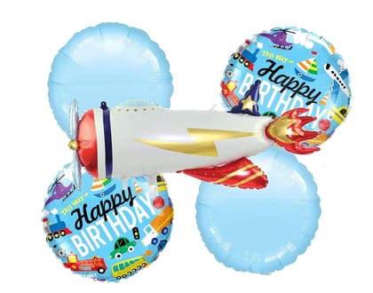 Sky theme Airplane Aeroplane Flight with Happy Birthday Car Foil Balloon - Pack of 5