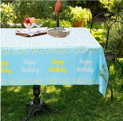 Happy Birthday Metallic Shiny Foil Table Cover for Party Decoration, Disposable (Blue)