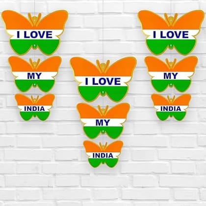 Tricolor "I Love My India" Hanging  Butterfly Decoration Item (Pack of 9)