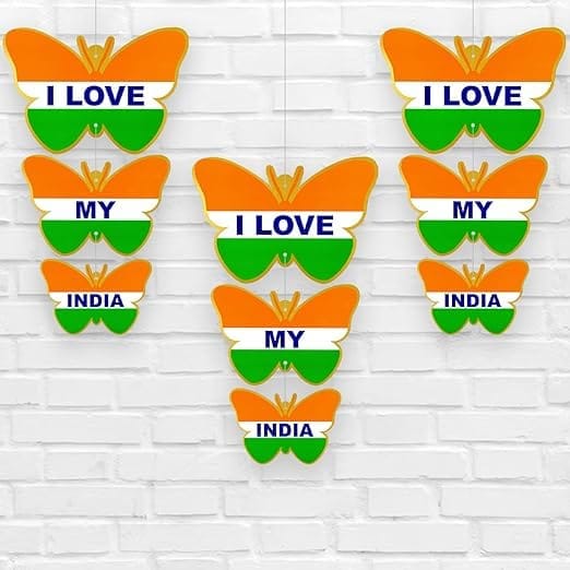 Tricolor "I Love My India" Hanging  Butterfly Decoration Item (Pack of 9)