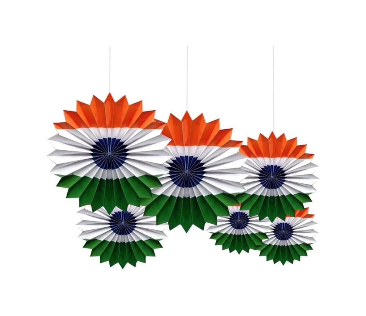 Tri-Colour Tiranga Theme Paper Fans for Republic Day Independence Day Home, Office, Society, and School Decorations (Pack of 6)