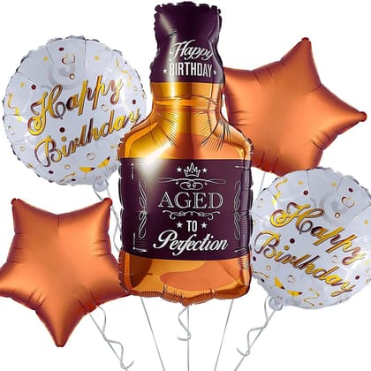 Whiskey Bottle Super Shape Foil Balloon with Star Balloons Golden and Black Pack of 5 Pcs