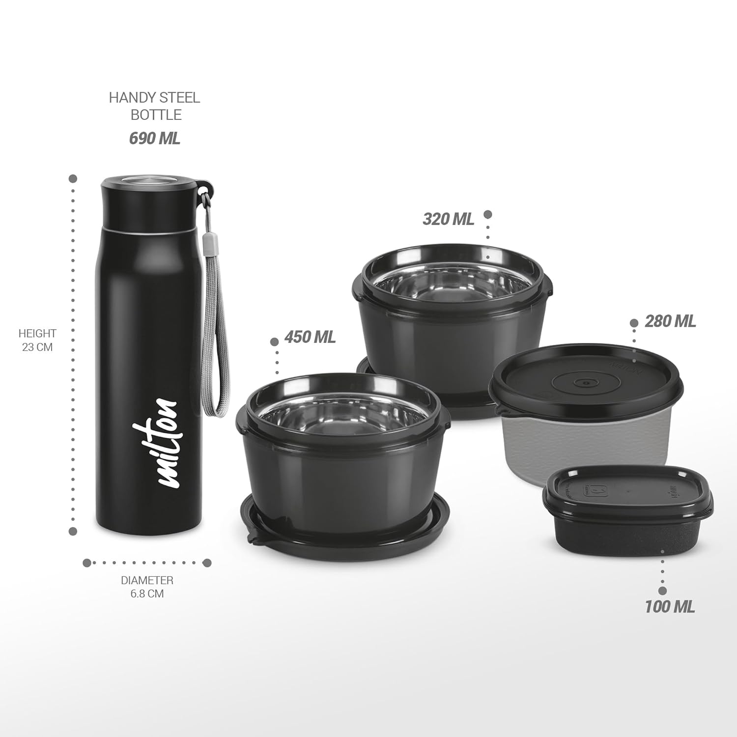 Steel Bottle 690 ML with 3 Containers for Food Storage, Leak Proof and Airtight, Ideal for Office, School and Travel (Black)