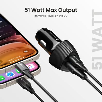 Portronics 51W Car Power 16 Car Charger with Dual Output (33W PD Type C Port + 18W USB A Port), Fast Charging Compatible with iPhones 10/11/12/13/14, ipads 9th/10th Generation, Galaxy Tabs & More