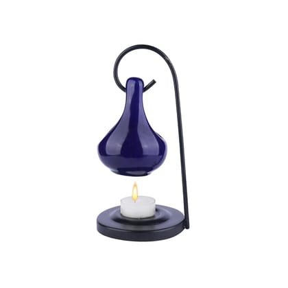  Scented Oil Warmer - Blue Ceramic Essential Oil Burner with Metal Stand - Home Fragrance Diffuser
