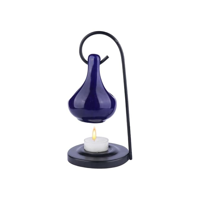  Scented Oil Warmer - Blue Ceramic Essential Oil Burner with Metal Stand - Home Fragrance Diffuser