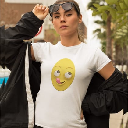 EqualLife Pure Cotton Bio-Washed T-Shirt Chest Printed-Funny Egg head Emoji Design-1-by ZingerTees-Women-EL9120447-F