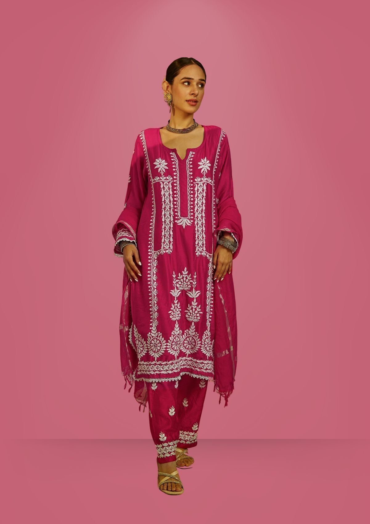 Mahnoor Chikankari Chanderi Straight Kurta Set with Dupatta