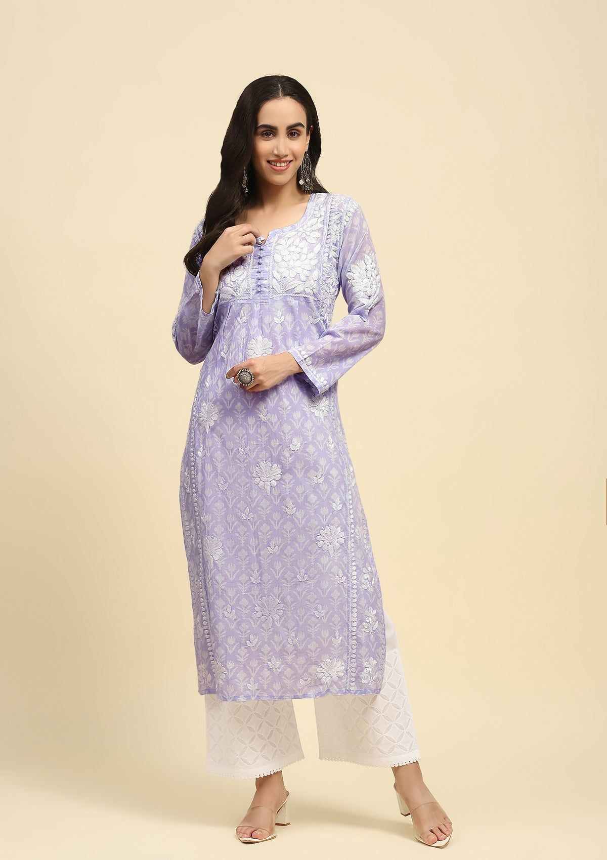 Mulmul Chikankari Printed Women's Long Kurta - Purple