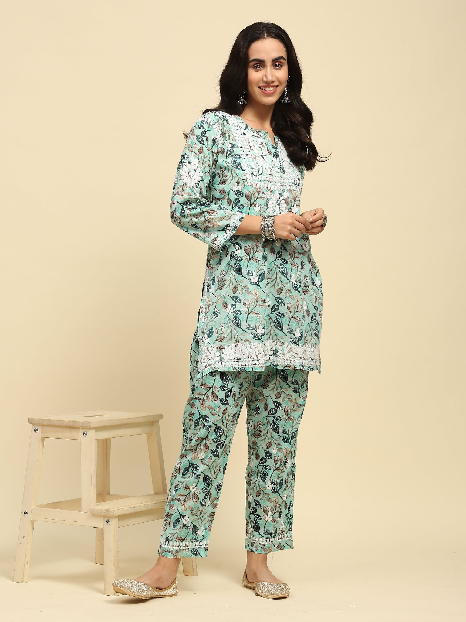 Mulmul Chikankari Printed Women's 2 PC Short Kurta Set - Blue