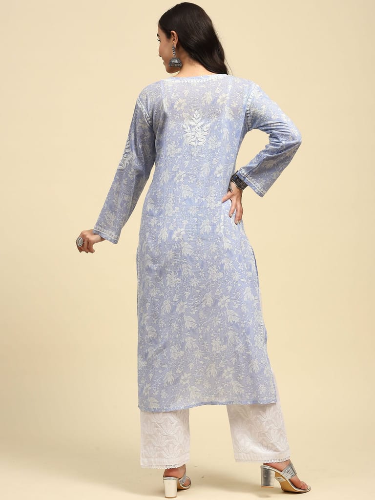 Mulmul Chikankari Printed Women's Long Kurta - Purple