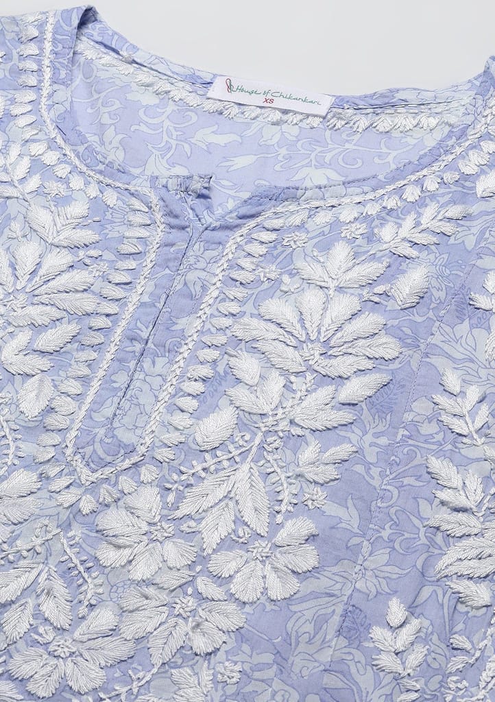 Mulmul Chikankari Printed Women's Long Kurta - Purple