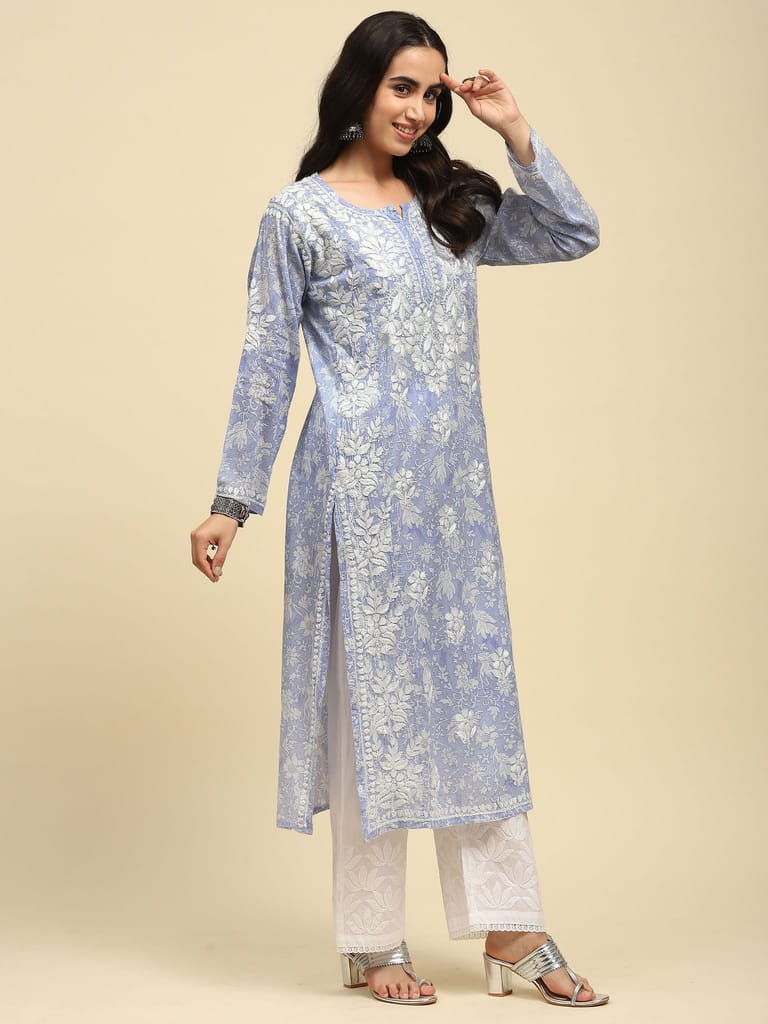 Mulmul Chikankari Printed Women's Long Kurta - Purple