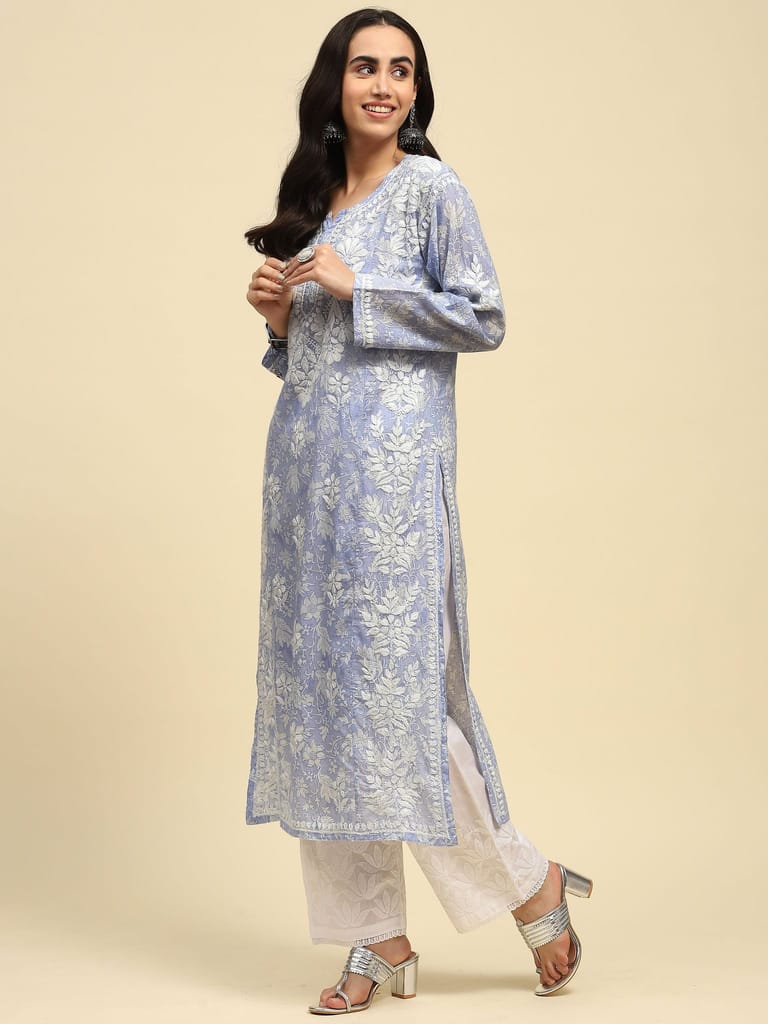 Mulmul Chikankari Printed Women's Long Kurta - Purple