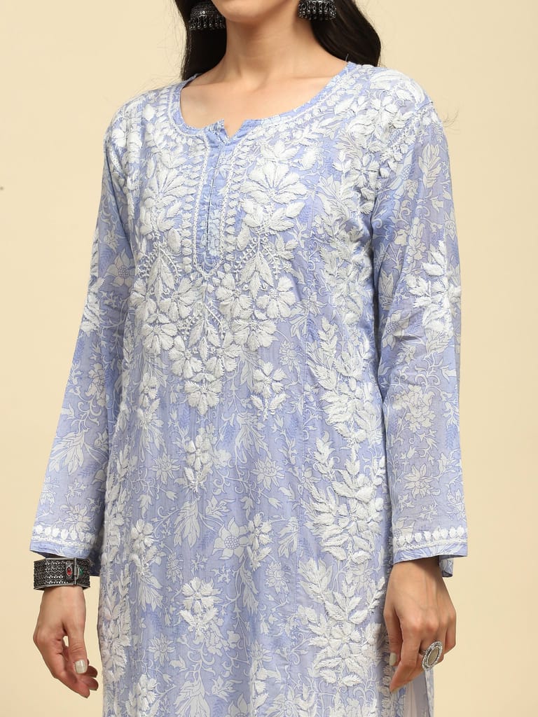Mulmul Chikankari Printed Women's Long Kurta - Purple