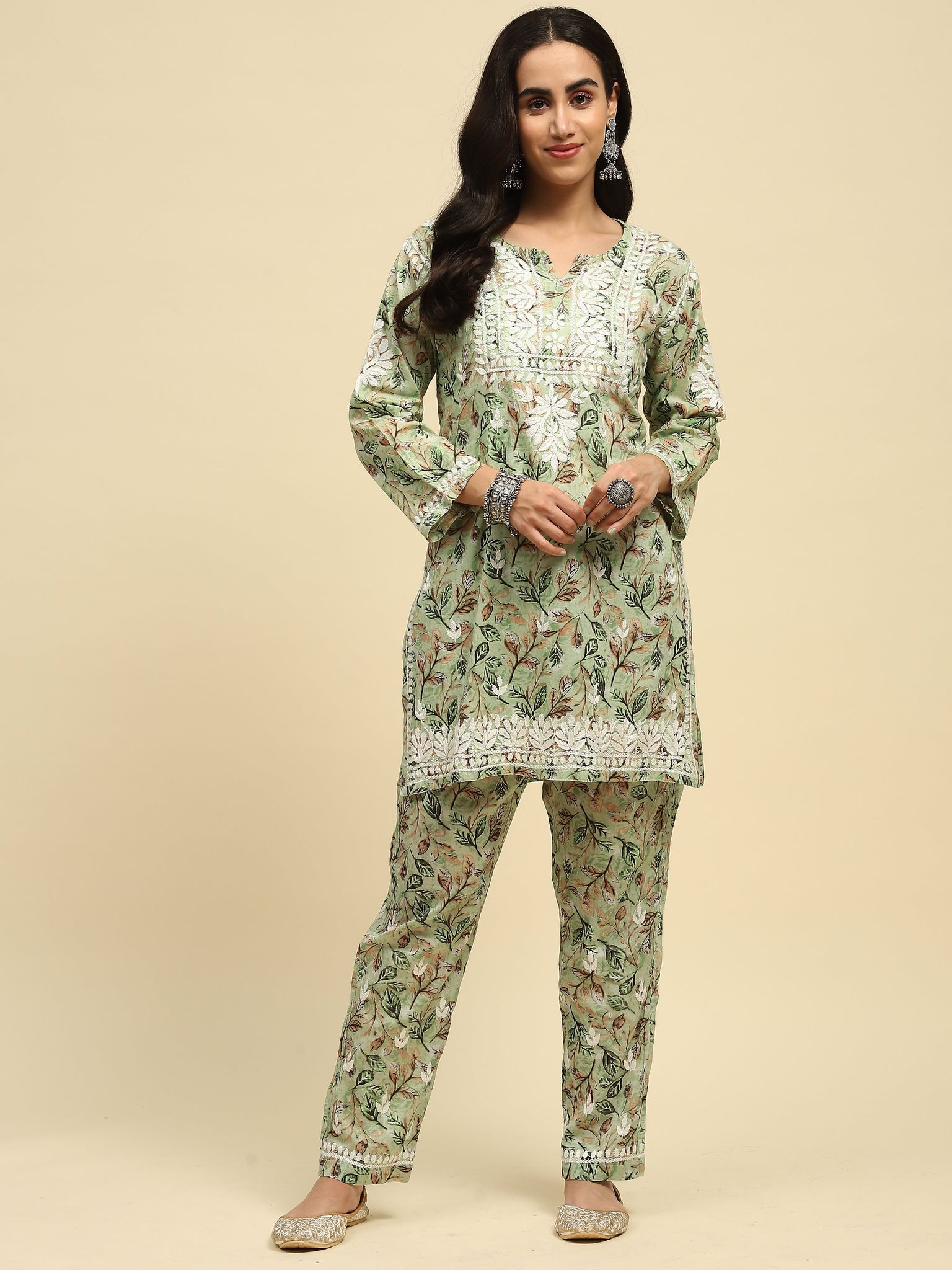 Mulmul Chikankari Printed Women's 2 PC Short Kurta Set - Green