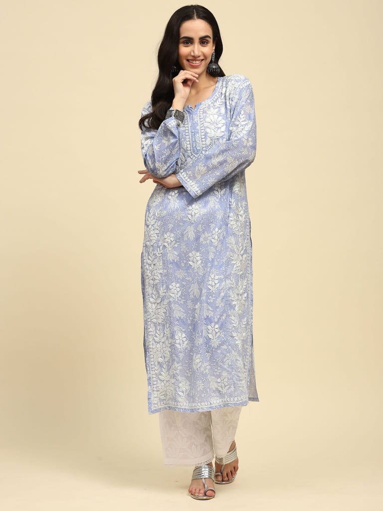 Mulmul Chikankari Printed Women's Long Kurta - Purple