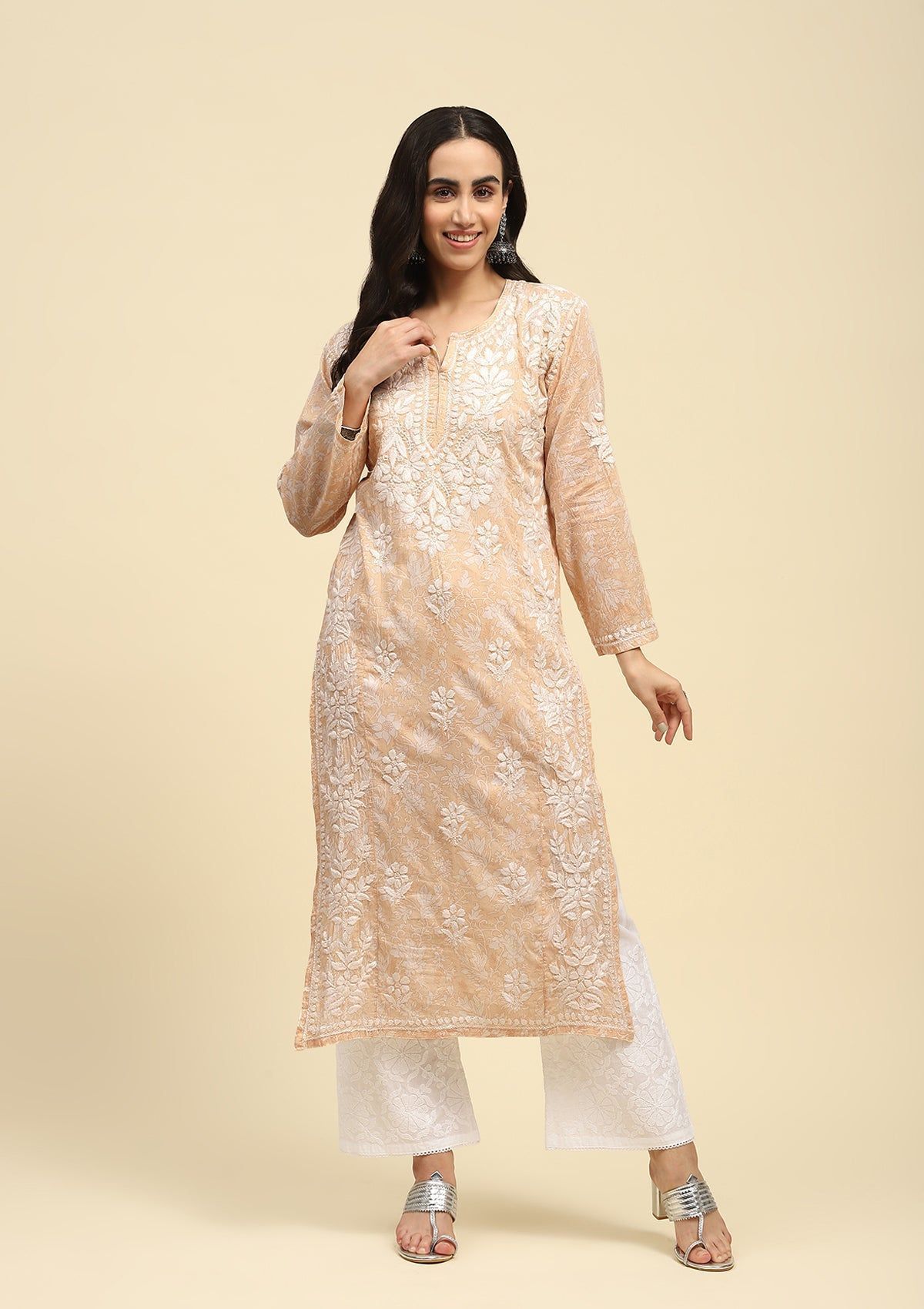 Mulmul Chikankari Printed Women's Long Kurta - Beige