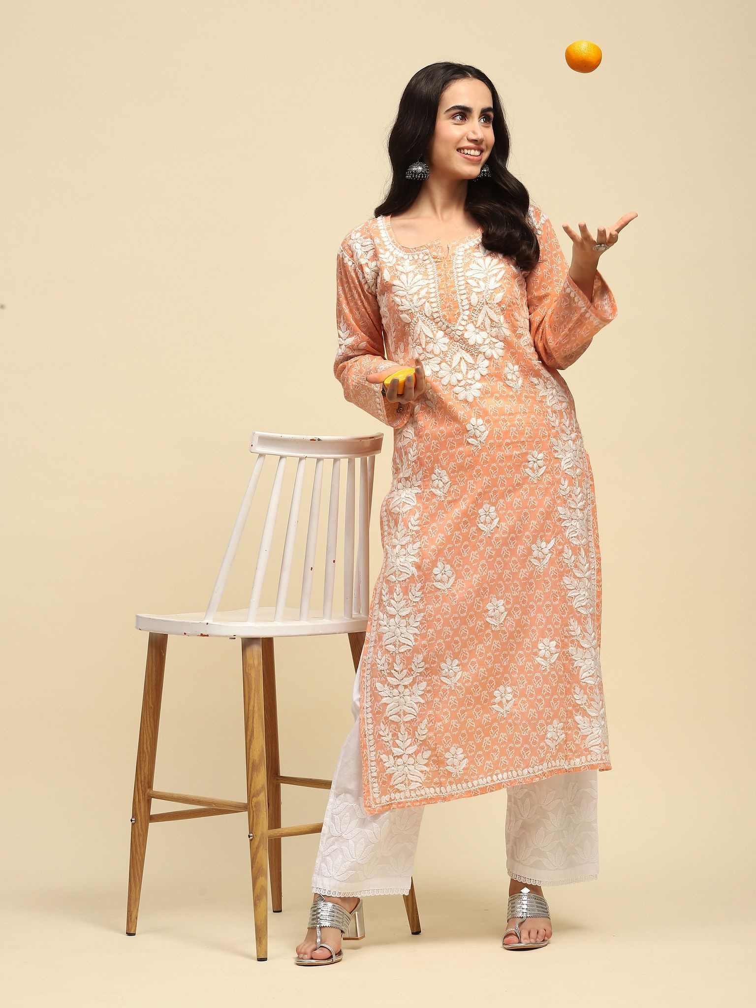 Mulmul Chikankari Printed Women's Long Kurta - Orange