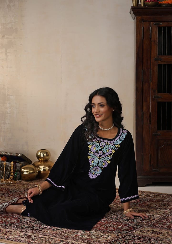 Velvet Chikankari Solid Women's 2 PC Long Kurta Set - Navy Blue