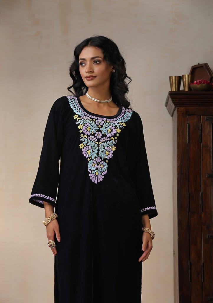 Velvet Chikankari Solid Women's 2 PC Long Kurta Set - Navy Blue