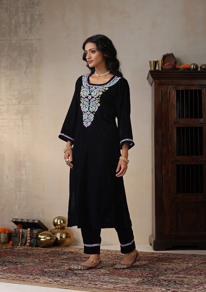 Velvet Chikankari Solid Women's 2 PC Long Kurta Set - Navy Blue