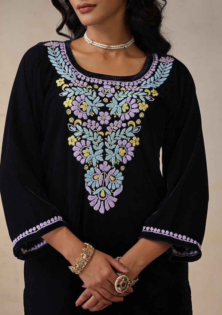 Velvet Chikankari Solid Women's 2 PC Long Kurta Set - Navy Blue