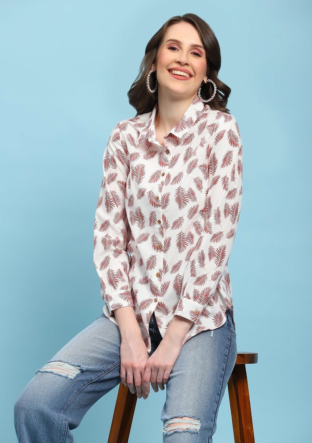 Linen Blend Printed Women's Shirt - White