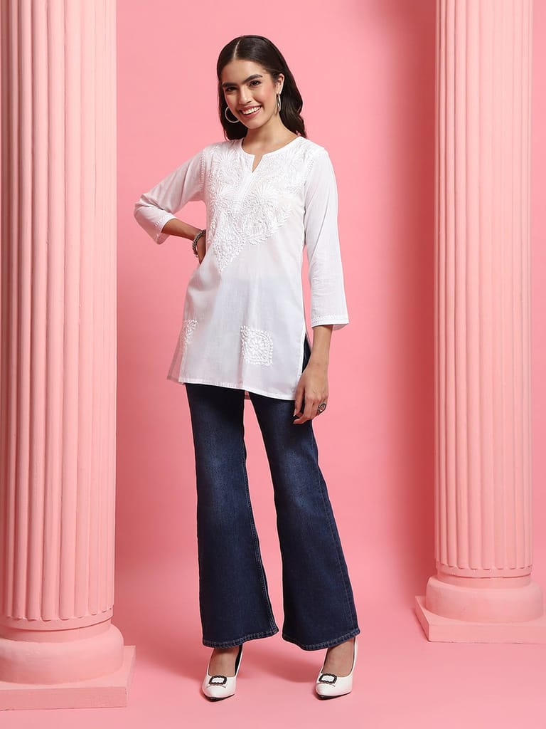 Cotton Chikankari Solid Women's Short Kurta - White