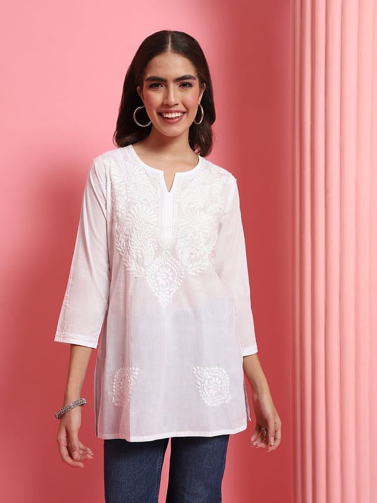Cotton Chikankari Solid Women's Short Kurta - White