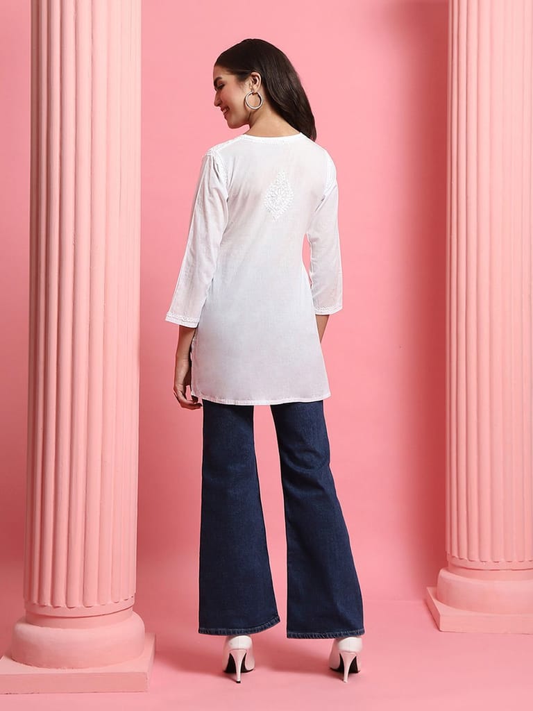 Cotton Chikankari Solid Women's Short Kurta - White